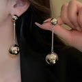 Elegant long silver metallic ball drop earrings worn by model in a minimalist style - Style 95# S925 Silver Pin Silver Long Ball Drop Earrings