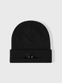 Detalle del gorro de punto negro con bordado de gato y llamativos ojos amarillos - Talla única / Negro