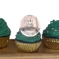 Macro detail of rose gold acrylic cupcake toppers with Merry Christmas laser engraving - Rose Gold Christmas Style 4