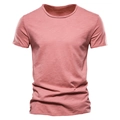 Slim fit dusty rose slub cotton T-shirt for men with a textured crew neck finish - Red