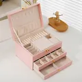 Three-layer pink faux leather jewelry box with gold lock and internal velvet compartments - 23*17*13.5cm / Lotus root pink