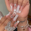 Long square French press-on nails with white glitter tips, 3D flowers and silver rhinestones - French White Tip 3D Flower Rhinestone Style (JP2269)
