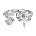 S925 sterling silver adjustable ring with heart-shaped zircon and letter S detail - Silver Letter S