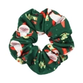 Close-up of forest green Christmas scrunchie with Santa Claus and festive tree patterns - Forest Green