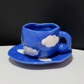 Irregular blue ceramic coffee cup and saucer set with hand-painted white clouds pattern - 250ML / Dark Blue