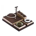 Dark brown leather jewelry display set with gold trim for necklaces and rings - Set 1