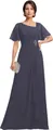 Elegant dark grey-blue chiffon long dress with flutter sleeves and diamond brooch - US size 2 / Top And Bottom / Dark Grey Blue