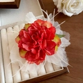 Detailed shot of red-yellow gradient silk rose hair clip with white feathers in a gift box - Red Flower Feather Duckbill Clip (128#)