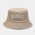 Detailed view of Los Angeles embroidery on a khaki twill cotton bucket sun hat - M(56-58cm) / Khaki