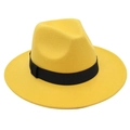 Detailed macro view of yellow wool fedora hat featuring a classic black ribbon band - One Size / Yellow