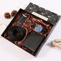 Men's gift set with blue quartz watch, leather belt, wallet, and pen in a luxury box - 8-Piece Black Set (Belt + Auto Buckle + 2 Cufflinks + Watch + Wallet + Pen + Gift Box)
