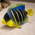 Colorful tropical fish plush toy in yellow and blue stripes on a soft cream rug - Angelfish / 36CM