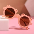 Pink round frame children's bear sunglasses with 3D ears and brown lenses - Powder Pink