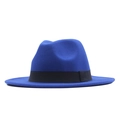 Classic wide brim wool felt jazz fedora hat in blue with a decorative black band - M (56-58cm) / Blue