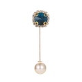 Elegante alfiler con cristal azul profundo y perla blanca en acabado dorado - Oro Azul Verde