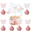 Pink and holographic 3D butterfly cake toppers and Happy Birthday party decorations - Laser Large Topper + 6 Pink Butterfly Small Toppers / Set of 7 Pieces (1 Large 6 Small)