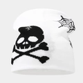 Detail of white knit beanie with black skull crossbones and spider web pattern - Style E White (White Black Skull)
