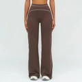 Dark brown high-waisted flared yoga pants with white contrast stitching details - Deep Chocolate Brown