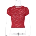 Close-up of red lace crop top showing intricate floral mesh and slim fit texture - S / Red