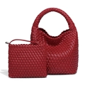 Red woven leather tote bag set with matching zippered clutch in intrecciato style - Peony Red