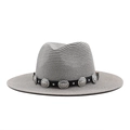 Classic grey woven straw fedora sun hat with black band and vintage floral metal buckles - M (56-58cm) / Gray
