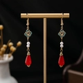Traditional Chinese long tassel earrings with red teardrop beads and golden clouds - Gold-Red-Blue-White Cloud Water Drop (E3882-2.)