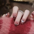 Detail of coffin nails with brown-red gradient, 3D butterfly relief and crystal accents - Glue Type / Red Purple Butterfly Style (BY1359)