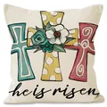 Linen Easter pillow cover with He Is Risen text and colorful cross patterns - He Is Risen Cross