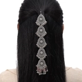 Ethnic silver-plated head chain with intricate teardrop pendants and pink beads - White Pearl Pink Bead Silver Style (024072903)