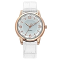 Elegant ladies quartz watch with rose gold case, grey dial and white leather strap - White