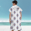Adult hooded beach poncho in white microfiber with blue and orange bohemian geometric patterns - Pullover Style - Small Rhombus