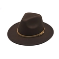 Detailed close-up of dark brown wool fedora with a thin leather belt and gold buckle - M(56-58cm) / Coffee