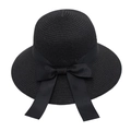 Detail of woven straw texture and elegant black ribbon bow on a wide brim sun hat - Black