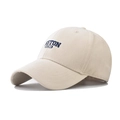 Detailed close-up of dark blue Boston 1630 embroidery on a beige cotton baseball cap - Adjustable / Beige