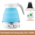 Blue foldable electric kettle 600ml with silicone body, knob control, and storage bag - Knob Style - 3-piece Set (blue) / Japanese Standard Plug (in Stock) 110v