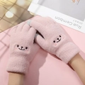 Detail of pink knitted winter gloves featuring a cute bear embroidery and touchscreen fingertips - Pink Smile Face