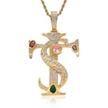 Close-up of golden TS pendant with pave crystals and multicolored gemstones on a chain - Twist Chain Style / Gold