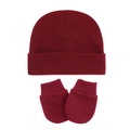 Newborn baby hat and mittens set in deep red knitted fabric on a white background - Wine Red (2-Piece Set)