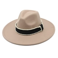 Macro detail of khaki wool fedora hat with black ribbon and white pearl bead embellishment - M (56-58cm) / Light Purple Grey
