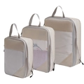 Travel compression organizers 3-piece set with mesh windows and handles in beige - Three-Piece Set / Beige