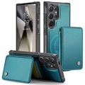 Macro view of cyan leather S23 Ultra case showing magnetic card holder and stand feature - Teal