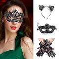 Three-piece black lace cat costume set with mask, headband and gloves for party - 018 Black Set (Include Headband/Mask/Lace Gloves)