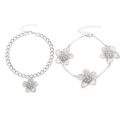 Silver flower charm bracelets with pleated texture and adjustable lobster clasp - Silver Flower Anklet + Bracelet Set
