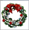 Sparkling Christmas wreath brooch with red bow and green enamel leaves for suit decor - Red White K Wreath (BR1538)