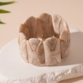 Detail of wide stretch bracelet featuring beige marble texture acrylic geometric blocks - Rice White Square Elastic (80#)