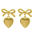 Elegant gold bow earrings with 3D heart-shaped pendants in a polished metallic finish - Gold Heart Bowknot