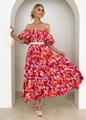 Detail view of floral off-shoulder maxi dress with puff sleeves and woven belt - Red Floral