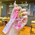 Pink heart liquid glitter keychain with happy moments strap and bell on golden clasp - Pink Heart-shaped Hat Girl Perfume Bottle