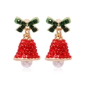 Christmas bell earrings with red rhinestones, green bow, and white pearl drop - Bowknot Bell Stud