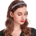 Braided headband with silver beads and rhinestones worn by a model for a stylish look - Grey (C7532)